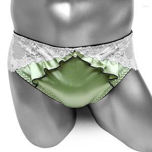 Underpants Sexy Sissy Satin Panties Floral Lace Back Transparent Mens Briefs Underwear Gay Lingerie Frilly Bikini