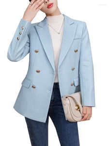 Kadınlar Suits Kadınlar Resmi Blazers 2023 Sonbahar Kış Bayanlar Mavi Pembe Kayıtlı Uzun Kollu Çift Göğüslü Ceket Kadın İşleri İnce
