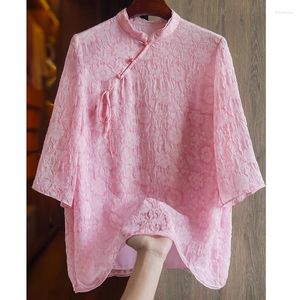 Women's Blouses 2023 Summer Pink Jacquard Chinese Shirt Loose 3/4 Sleeve Retro Light China-Chic Style Lace Up Panbuckle Top S-XL