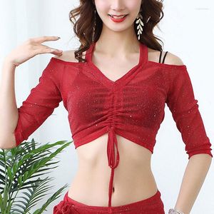 Scene Wear Belly Dance Tops Women V Neck Mesh Half Sleeve Shawl Shawl Shawl Bolero Shirt Cardigan Training Performance Dancewear Costume