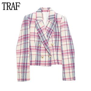 Menas femininas Blazers Traf Tweed Blazer Women Texturizou Jaqueta cortada Botão de manga comprida de peito duplo para 230817