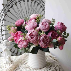 Decorative Flowers Wreaths Hot Selling 1pcs/30cm Rose Pink Silk Bouquet Peony Artificial Flower 5 Big Head 4 Small Bud Bride Wedding Home Decoration Artifi HKD230818