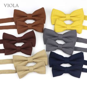 Nacke slipsar vackra solida 25 färger förälder barn bowtie set linnbarn husdjur män fjäril brun khaki beige casual fåglie gåva tillbehör 230818