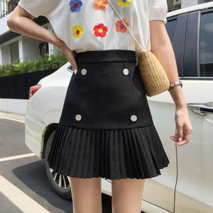 Röcke Frauen hohe Taille A-Line Korean Falten Patchwork Mini Grau Plaid Knöpfe Sommer Plus Size Vintage Office Elegant
