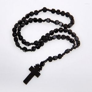 Collane con ciondolo Est Good Rosario in legno duro con perline Gesù CROCE Collana in legno per uomini e donne Filo di perline di legno fatto a mano