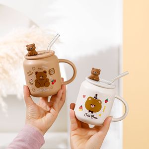 The latest 14.2oz bear ceramic coffee mug cup with a lid straw, many style choices, support customization of any logo