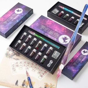 Fountain Pens Exquisite 3715 Pcs 3D Flower Glass Pen Set Handmade Crystal Dip With Ink For Drawing Calligraphy Kids Gifts Stationery 230818