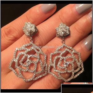 Stud mode lyxdesigner super mousserande diamanter zirkonia kamelia blommhänge örhängen för kvinnor flickor sier post mleee zscel dhmde
