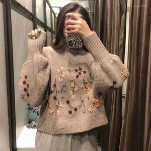 Kadın Sweaters Sonbahar Kış Vintage Kore Uzun Kollu Külot Çiçekler Boncuklu Moda Kadın Harajuku Sıcak Örgü Sweater