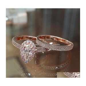 Band Rings Fashion Rose Gold Plated Design 2Pcs Cz Women Engagement Ring Set Drop Delivery Jewelry Dhdzs Dh0Xb