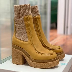 Light Tan Ankle Boots Fashion Chelsea womens shoeLuxury Designer Cowskin Knitting elasticity Mixed Colors socks shoes chunky heel thick sole Half Boot