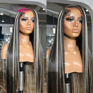 Brazilian Straight Grey Highlight Schwarzer Spitzenfront Perücke Simulation natürliche menschliche Haar Perücke für Frau 13x4 Spitze Frontalblonde Spitze Vorderperücke vorgezogen