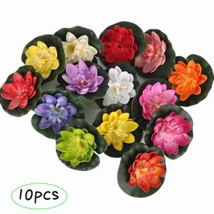 Dekoratif Çiçek Çelenk 10 PCS 10 cm Yüzen Yapay Lotus Sahte Bitki Diy Su Zambak Simülasyonu Yüksek Kalite Renk geçirmez Ev Bahçe Dekorasyonu HKD230818