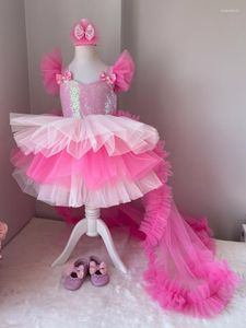 Girl Dresses Flower Pink White Sequin Tiered Bow With Tailing Sleeveless For Wedding Birthday Party Banquet Princess Gowns