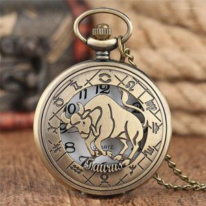 Pocket Watches Quartz Taurus Watch Women Pendant Chain Twelve Constellations Bronze Necklace Modern Men Children Gift Bag