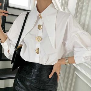 Women's Blouses Designer Metal Buttons Spring Women Lantern Sleeve White Shirts Tops Turn Down Collar Korean Elegant Office