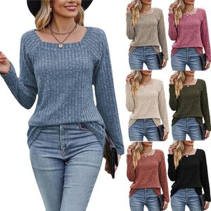 Camisolas femininas Sweater Women Sweater Winter Square Collar vintage Solid Manga Longe Tops Tops Casual Moda Slimt Spliced ​​T-shirt