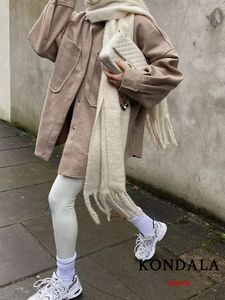 Women's Jackets KONDALA Casaul Women Beige Loose Pockets Fashion 2023 Autumn Winter Coats Long Sleeve ButtonUp Vintage Thick Outwears 230817