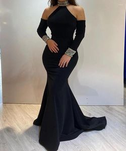 Party Dresses Elegant Black Evening Dress 2023 High Neck Long Sleeve Beading Satin Prom Gowns Plus Size Vestidos De Fiesta Robe Longue