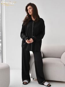 Damen zweisteuelhafte Hosen Clacive Casual Lose Black Home Suits Mode High Taille Wide Set Elegant Long Sleeve Top 2 Sets Frauen Nachtwäsche 230817