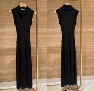 Autumn New San ro Women's French Black Polo Collar Lace Sleeveless Single breasted Slim Fit Long Knitted Dress