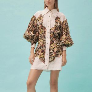Avustralya Elbise Erken Sonbahar Yeni Stil Mizaç Mahkemesi Tarzı Patchwork Baskılı Gömlek Fener Kollu, Polo Boyun Elbisesi