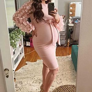 Elegant Women Dress Pregnancy Dress Flower Mesh Long Sleeve Elastic Maternity Dress Daily Solid Color Photography Dress