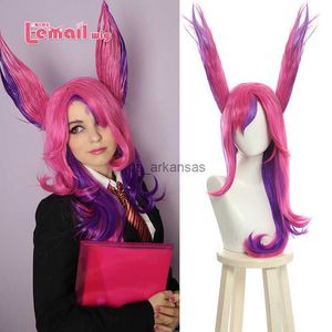 Syntetiska peruker l-e-post peruk syntetiskt hår xayah cosplay peruk lol stjärna skyddare cosplay lång rosa lila peruk med öron halloween värmebeständig hkd230818