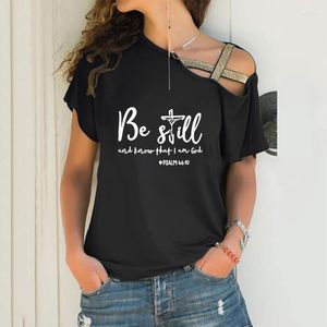 Kvinnors t-skjortor är still och vet att korspress lösa oregelbundna t-shirt kvinnor sexiga skev nackbandage toppar för kvinnlig religiös gåva