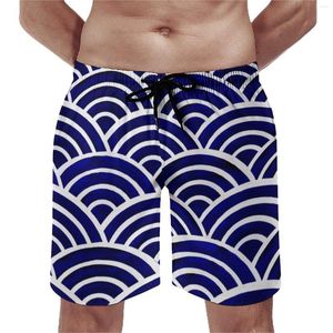 Herren Shorts Marine Blue Seigaiha Board Sommer Japaner Wellendruck Lauf Surf Beach Kurzhose Schnell trocken Retro Übergroße Schwimmstämme