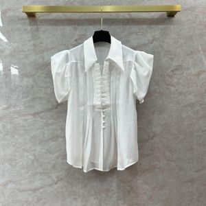 Kadın bluzları Beyaz düz renkli gömlek Pileli stil pileli ahşap kulak kenarı sivri yakalı niş tasarım hissi