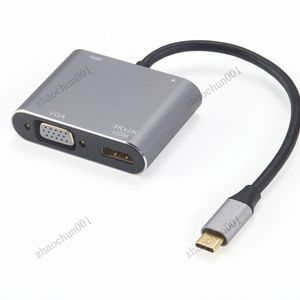 USB C TO HDTV+VGA+USB3.0+PD Адаптер 4 в 1 Multi -Port Support 4K 30 Гц 1080p Алюминиевого сплава в концентраторе для MacBook HP ZBook Samsung S20 Dex Huawei P30 Xiaomi 11