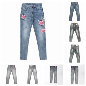 2023 Designer Herren Jeans High Street Purpur für Männer Frauen Hosen Damen übergroße Racked Patch Loch Denim gerade modische Streetwear Slim Grey