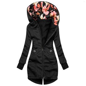 Frauenjacken 2023 Blumendruck Herbst Winter Women Cotton Jacke gepolstert lässige Slim Mantel mit Kapuzenparkas warm warm warmer Mantel