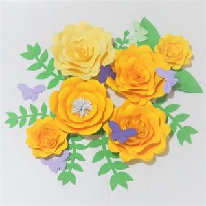 Fiori decorativi 2023 giallo 6 farfalle di carta gigante 8 foglie per le decorazioni del negozio al dettaglio di spalle per matrimoni.