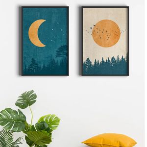 Canvas målning boho landskap bilder abstrakt månen sol affischer och tryck vintage väggkonst nordisk skog för barn sovrum vardagsrum dekor ingen ram wo6