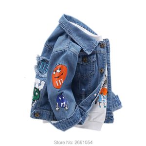 Jacken 2023 Frühling Kinderjacke Denim Jungen gebrochenes Loch Jean Kinder Kleidung Baby Coat Freier Cartoon Brief Oberbekleidung 230817