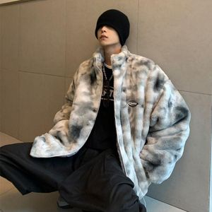 Men's Down Parkas Dye Tie Faux Fur Coat Men Parka Winter Jacket Fluffy Hip Hop Women Outerwear Oversized Fleeced Thick Rag Clothing Fake Wool 230815