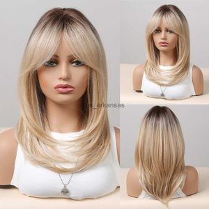 Synthetic Wigs Synthetic Wigs Long Natural Wavy Wig Ombre Brown Golden Highlight Blonde Layered Hair with Side Bangs for Women Heat Resistant HKD230818