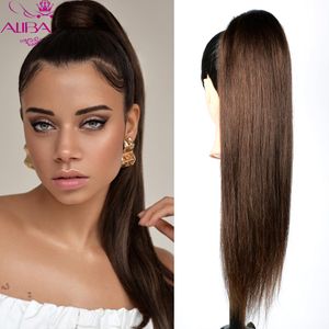 Lace Wigs 4# Dark Brown Colored Straight Drawstring tail Human Hair Brazilian Remy Clip In 2 Combs 100/150g Tail 230817