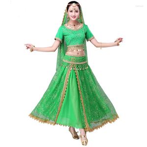 Bühnenbekleidung 2023 Sari Tanzwear Frauen Bauch Tanzkleidung Set Kostüme Bollywood Kleid (Top -Gürtelrock -Schleier Kopfstück)