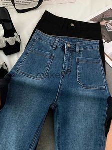 Женские джинсы Классическая высокая талия Flare Jeans Женские винтажные карманы растягивают стройные брюки 2023 Allmatch распались джинсовые брюки J230818