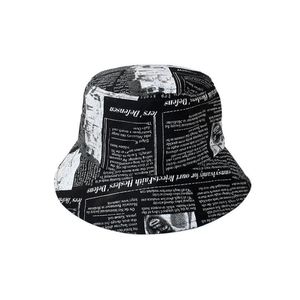 ケチなブリム帽子ユニフィッシャーマンハット古い新聞パターン印刷された盆地ストリートトレンドサンキャップハラジュクバケツアウトドアヒップホップドロップデリヴDhmrz