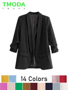 Womens Suits Blazers T MODA Women Fashion Office Wear Blazer Jacket Lady Vintage Three Quarter Sleeve Pockets Outerwear Coat Female Chic Tops 230817