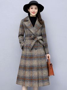 Women's Trench Coats High Quality Autumn Classic England Style Double Breasted Plaid Tweed Coat For Women Notched Collar Pocket Long