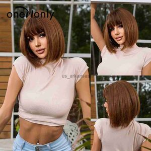 Parrucche sintetiche onenonly parrucca marrone corta con scoppi naturale donna bob wig lolita parrucche giornaliere per donne parrucche sintetiche di buona qualità hkd230818