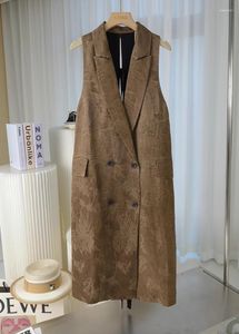 Kamizelki damskie Kobiety moda Jacquard bez rękawów Turn Trench Płaszcz Elegancka dama Back Bowtie Hollow Out, podwójnie piersi długa kamizelka