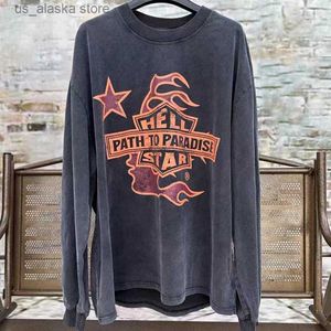 Herren Hoodies Sweatshirts Classic Flame Letter Print Hellstar Long Sleeve T-Shirt tun alte Wash Craft Männer Frauen Top Tee Mode All-Match Hellstar T Shirt T230818