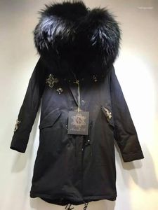 Women's Fur Design Beading Army Green/ Black Parka Hooded Mr Furs Jacket With Mrs Raccoon Collar Coat