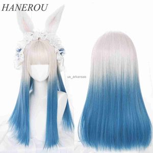 Syntetiska peruker Hanerou Kvinnors raka syntetiska långa lolita peruker med bang ombre tvåtongrå blått grönt blont hår för cospaly HKD230818